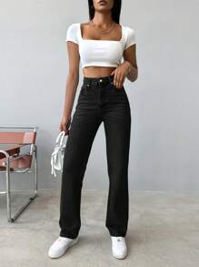 EURMUSE Quần Jeans Ống Đứng Thường Ngày Túi Xiên Cho Nữ 100% Cotton - màu đen - Xem 3