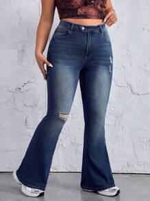 SHEIN EZwear Plus Size Women Pocket Distressed Flare Jeans