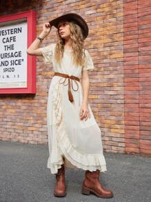 SHEIN Tween Girls Dresses, 2025 Spring/Summer New Collection, Soft Beige Color With Lace Trim On Sleeves & Neckline, Side Pleated Design Long Dress, Elegant & Comfy, Suitable For Summer Vacation, Daily Wear, Outings And Social Events - Apricot - View 3