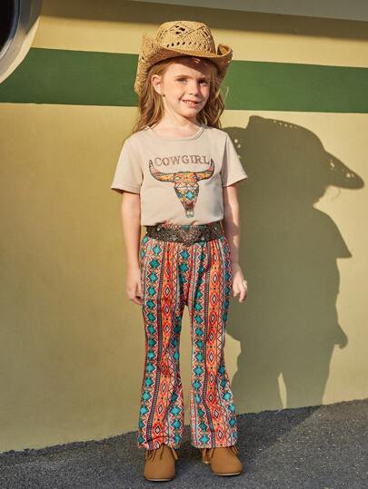 SHEIN Spring/Summer New Arrival Young Girls 2 Pieces Sets: Beige Top With English Text & Colorful Bull Pattern Paired With Pattern Flared Pants, Classic & Fashionable Outfit Suitable For Daily Activities, Outings And Social Events