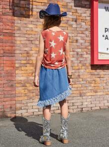 SHEIN Tween Girls Rodeo Set,Star Print Side Ruched Sleeveless Top&Asymmetric Fringed Denim Skirt,Blue And White Stripe,Summer,80s,Vacation,Independence Day - Dusty Pink - View 2