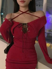 DAZY 2pcs Women Halter Neck Long Sleeve Top And Skirt Red Outfit Set - Red - View 4