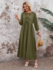EMERY ROSE Vacation Outfits Woman Spring/Summer Vacation Dress ,Balloon Sleeve - Army Green - View 3