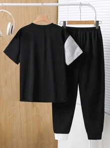 SHEIN Tween Boy 2 件套宽松字母图案圆领短袖 T 恤和松紧腰裤套装，休闲套装适合通勤、上学、日常休闲、运动、春夏 - 灰色 - 查看 2