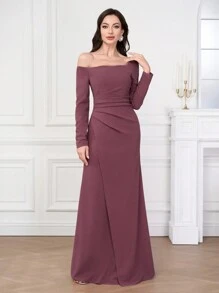 Coutiva 1 stuk dames asymmetrische hals lange mouwen gerimpelde lange feestjurk, mode banket feest oudejaarsavond festival socialite elegante jurk, bruiloft gast jurk, formele jurk, avondjurk
