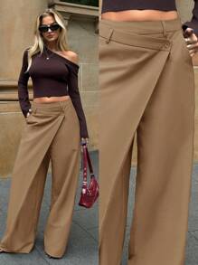 SHEIN Forever 21 女士不对称休闲阔腿裤女士时尚办公室通勤百搭高腰高端不对称阔腿西装裤