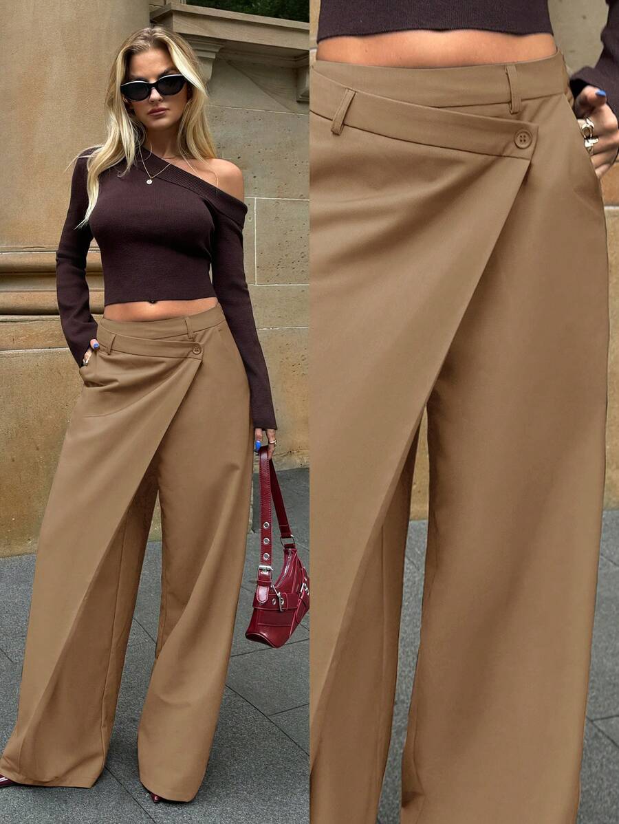 SHEIN Forever 21 女士不对称休闲阔腿裤女士时尚办公室通勤百搭高腰高端不对称阔腿西装裤