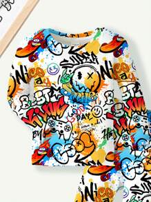 Snug Fit Casual Smile Graphics Long Sleeve Crew Neck Top And Pants Loungewear Set For Boys, Suitable For Autumn And Winter - Multicolor - View 4