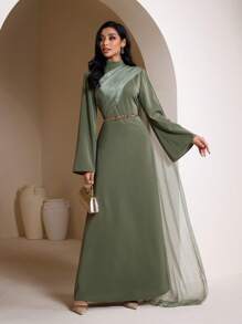 Veilorie Women Elegant Flowy Flared Sleeve Arabic Style Long Dress Modest