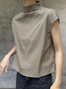 FRIFUL Women's Solid Color Stand Collar Loose Blouse, Casual Daily Wear Turtleneck Women