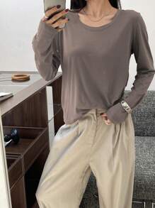 DAZY 女士休闲纯色宽松长袖圆领T恤，秋季服装 - 咖啡棕 - 查看 8