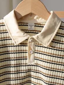 Young Boy Summer New Stripe Casual Short Sleeve Outfit, Polo Collar Short Sleeve Top + Shorts, 2pcs Set Summer Holiday - Khaki - View 4