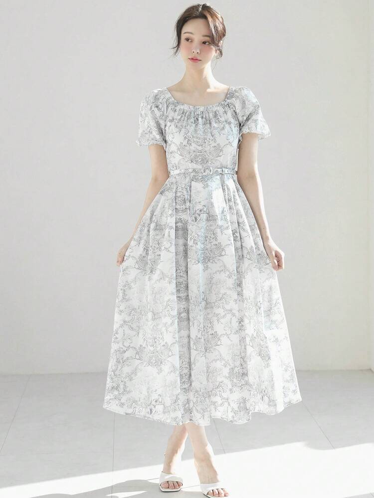 Women's Off Shoulder Cinched Waist Waist Mid-Length Dress Maxi Dress Floral Dresses For Women