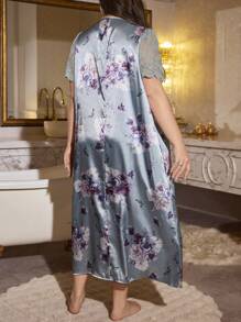 LuxeNights Plus Size Lace Patchwork Faux Silk Print Long Dress, Moo Moo - Green - View 2