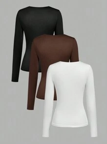 3pcs/Set Elegant Casual Solid Color All-Match Fitted Long Sleeve T-Shirt Combo For Teen Girl, Multi-Color, Versatile