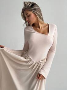 Aloruh 优雅通勤不对称领喇叭袖长款蛋糕裙，迷人的鸡尾酒会礼服 - 米色 - 查看 4