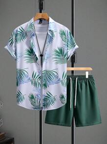 Manfinity RSRT 2pcs Men's Front Button Short Sleeve Allover Print Minimalist Top And Shorts Set - Green - View 1