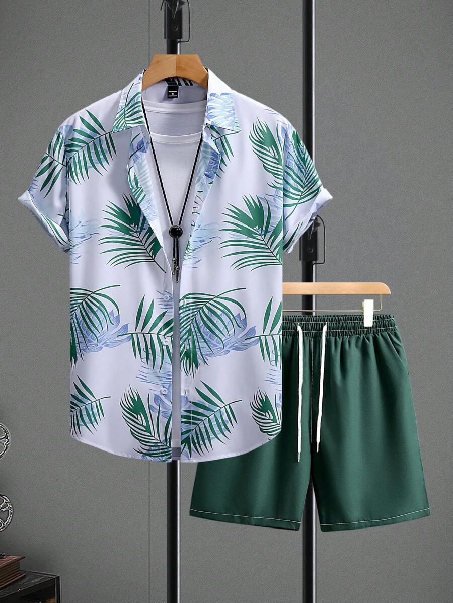 Manfinity RSRT 2pcs Men's Front Button Short Sleeve Allover Print Minimalist Top And Shorts Set - Green - View 1