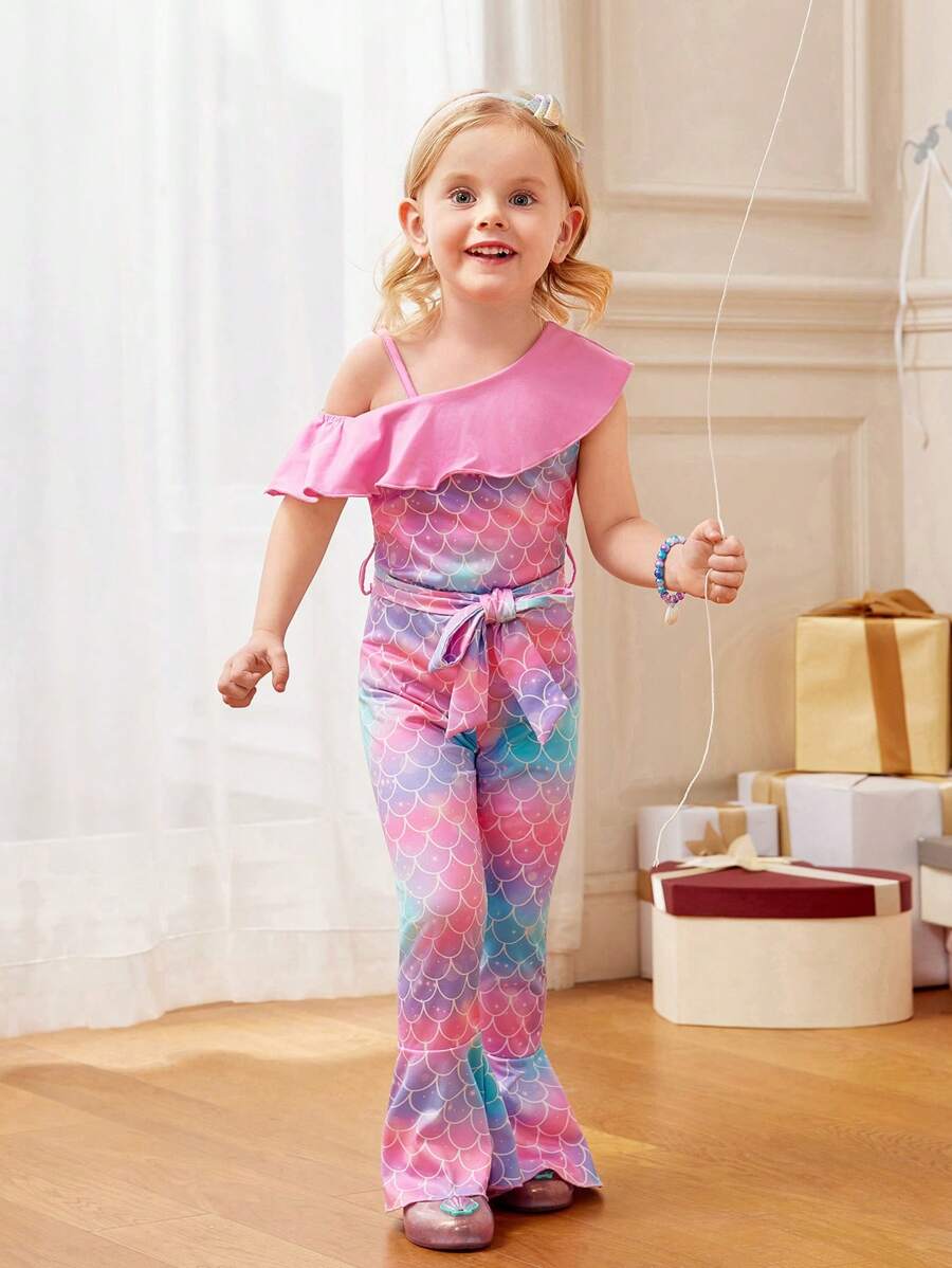 SHEIN Young Girls, Elegant & Playful Mermaid Design Asymmetrical Neck Jumpsuit, Soft & Comfortable Knit Fabric, Suitable For Outing, Vacation, Beach, Party, Stage, Daily Wear Spring/Summer