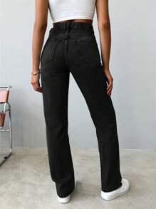 EURMUSE Quần Jeans Ống Đứng Thường Ngày Túi Xiên Cho Nữ 100% Cotton - màu đen - Xem 2