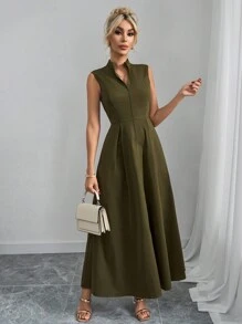 SHEIN Clasi Vestido largo elegante de mujer con cuello alto, sin mangas, con bolsillos, cintura entallada y bajo con línea A, color verde militar - Verde militar - Ver 5