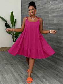 Slaydiva Casual V-Neck Solid Color Chain Strap A-Line Summer Dress - Violet Purple - View 6