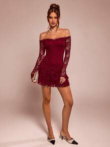 SHEIN BAE 女士露肩甜美蕾丝荷叶边修身迷你连衣裙