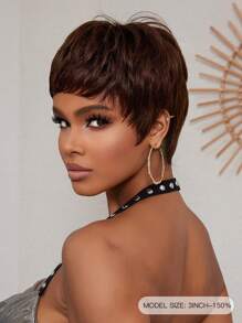 Short Straight Pixie Cut Wig With Bangs Brown Color Daily Use Wig For Women Beginner Friendly Wear&Go Glueless Wig