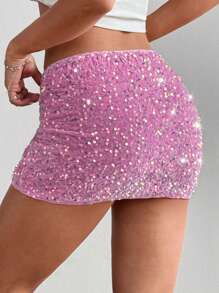 SHEIN Unity 性感闪亮亮片粉色迷你裙，女士，情人节 - 粉色 - 查看 2