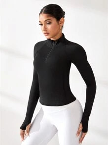SHEIN Sport Studio Women Solid Color Front Zipper Long Sleeve Simple Fitted Sports Yoga Sweatshirt