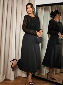 SHEIN Frenchy Plus Size Elegant Solid Color Lace Top With Camisole Two-Piece Dress Set,Valentine's Day ,Love/Lover ,Spring