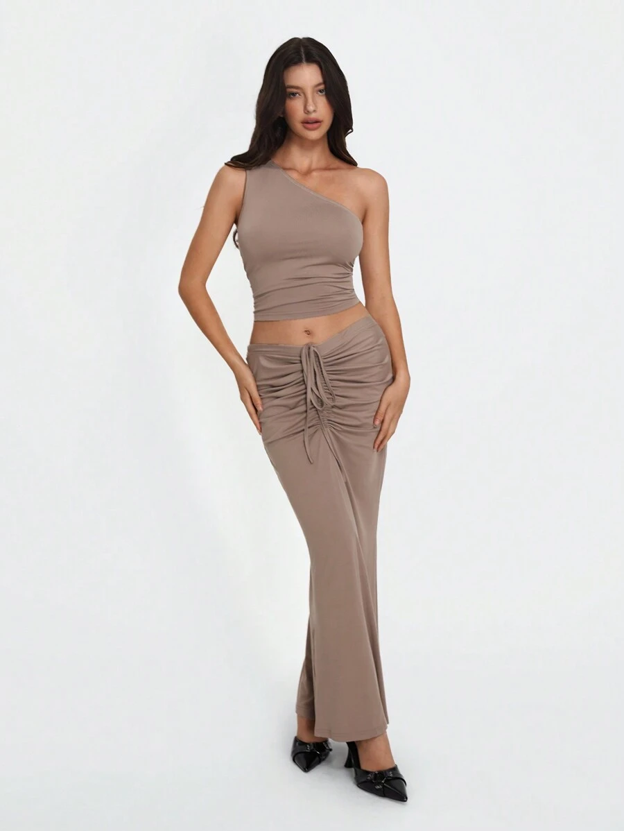 TRNVIE Conjunto de 2 piezas de Top sin mangas con hombro asimétrico con volantes de unicolor y Falda midi con cordón frontal central y cola de pez, conjunto elegante - Caqui - Ver 1