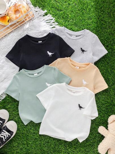 5pcs Baby Boy Cute Dinosaur Print Crew Neck Short Sleeve T-Shirt, Pack Of Multiple