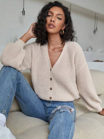 SHEIN Tall Tall Size Women Casual Drop Shoulder Button Front Cardigan