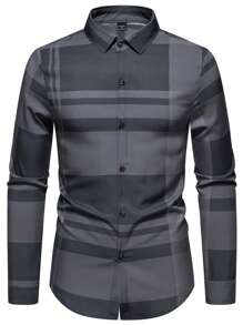 Manfinity Homme 男士休闲条纹单排扣长袖衬衫，秋季 - 彩色 - 查看 3