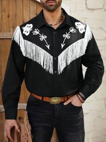 Manfinity Homme Plus Size Men's Floral Print Patchwork Fringe Long Sleeve Shirt - White - View 3