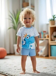 SHEIN Baby Boy Short-Sleeved Shorts With Cute Dinosaur Patterns And Blue Pants Are Suitable For Babies To Wear On Any Occasion In Summer - Multicolor - View 3