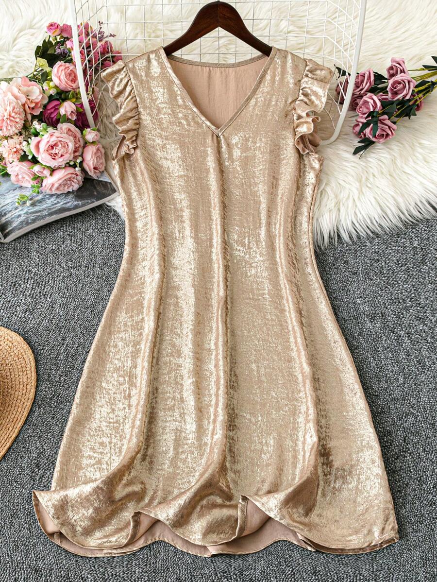 SHEIN PETITE Women's Solid V Neck Cap Sleeve Metallic Casual Gold Mini Dress ,Petite Women - Gold - View 1