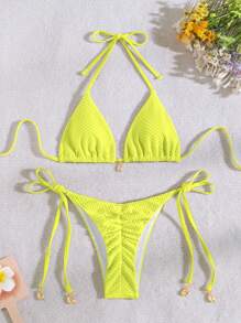 Women's Solid Color Halter Neck Back Tie Bikini Top & Bottom Swimwear Set Summer - Yellow - View 1