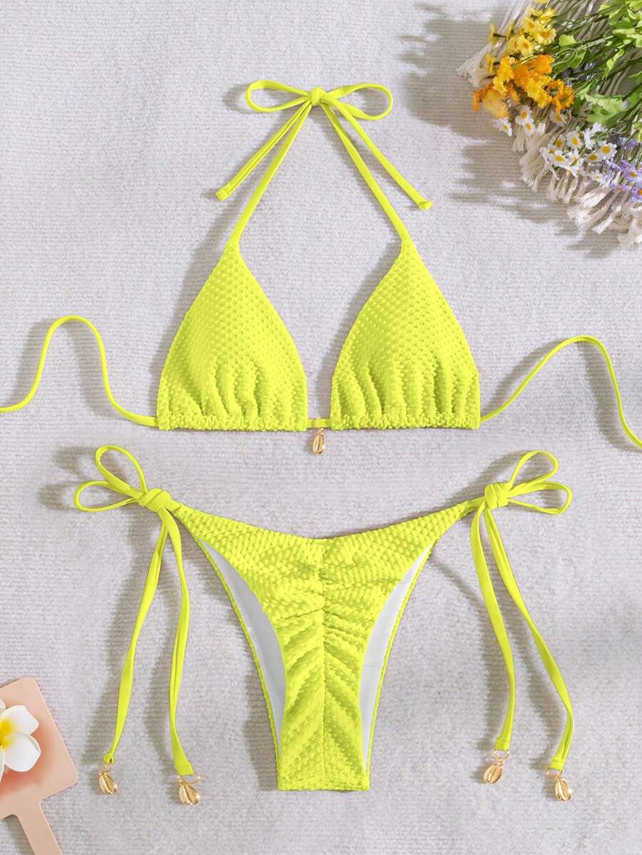 Women's Solid Color Halter Neck Back Tie Bikini Top & Bottom Swimwear Set Summer - Yellow - View 1