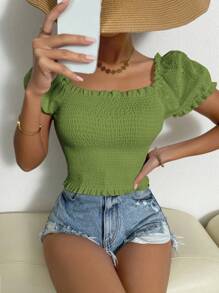 Chiquease Women's Solid Color Short Sleeve Casual Top, Minimalist Fashion For Everyday Wear - Green - View 3