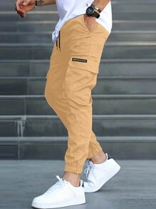 Manfinity Homme Men's Letter Print Drawstring Waist Pocket Casual Pants, Streetwear, Fall - Khaki - View 1