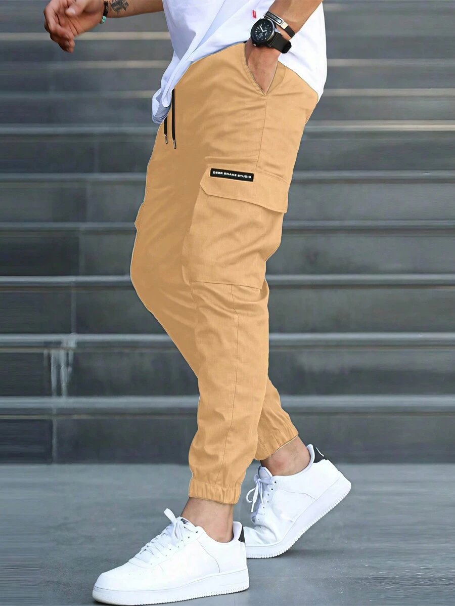 Manfinity Homme Men's Letter Print Drawstring Waist Pocket Casual Pants, Streetwear, Fall - Khaki - View 1