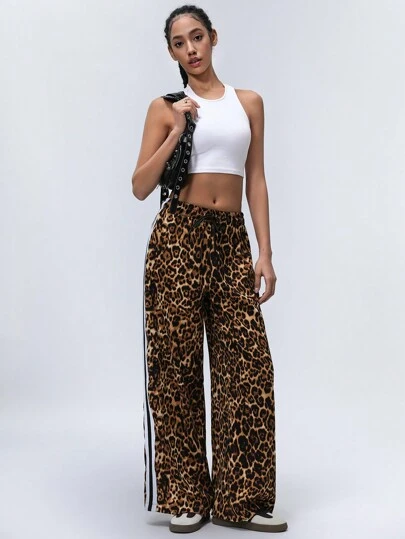 Aveloria GENKIRA Women's Casual Leopard Print Patchwork Side Contrast Color Tie Waist Pants Fall Cloth For Women