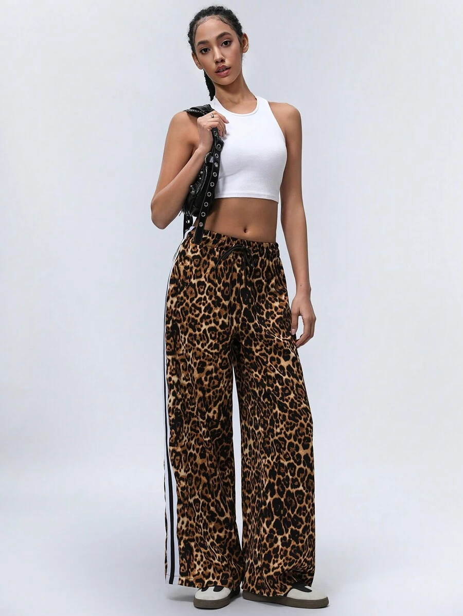 Aveloria GENKIRA Women's Casual Leopard Print Patchwork Side Contrast Color Tie Waist Pants Fall Cloth For Women - Multicolor - View 1