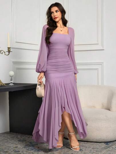 Modelyn Vestido casual largo de mujer de unicolor con malla y pliegues