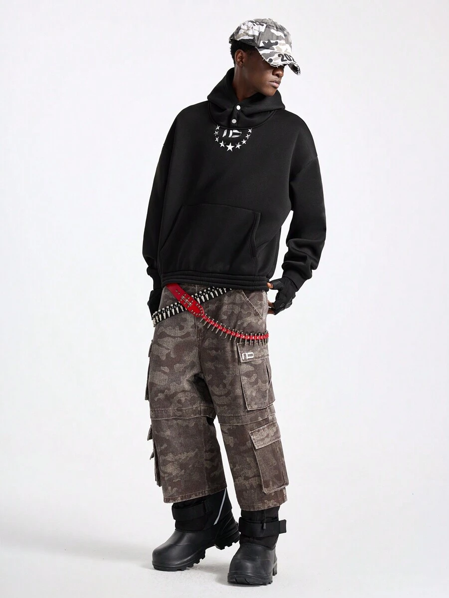 NEON BLANC Men's Streetwear Black Printed Hooded Long Sleeve Knit Sweatshirt, For Fall Winter