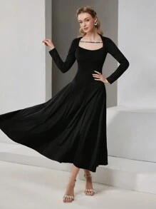 Modelyn Women Solid Color Black Long Sleeve Casual Long Dress Long Evening Dresses - Black - View 3