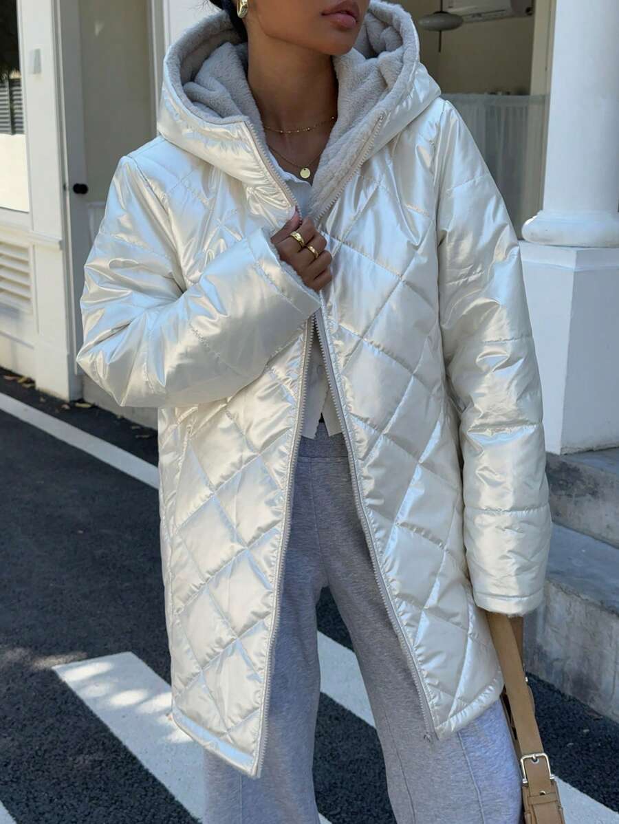 SHEIN Unity 一件可双面穿连帽口袋长袖加厚棉服冬季保暖外套 - 淺灰色 - 查看 1