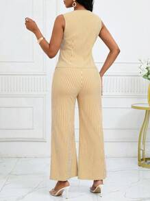 SHEIN Lady Casual Commuter Striped Vest And Trouser Suit - Yellow - View 2